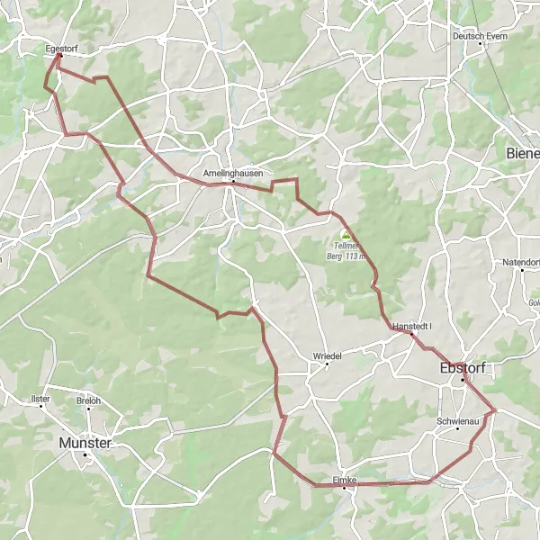 Map miniature of "Egestorf Gravel Adventure" cycling inspiration in Lüneburg, Germany. Generated by Tarmacs.app cycling route planner