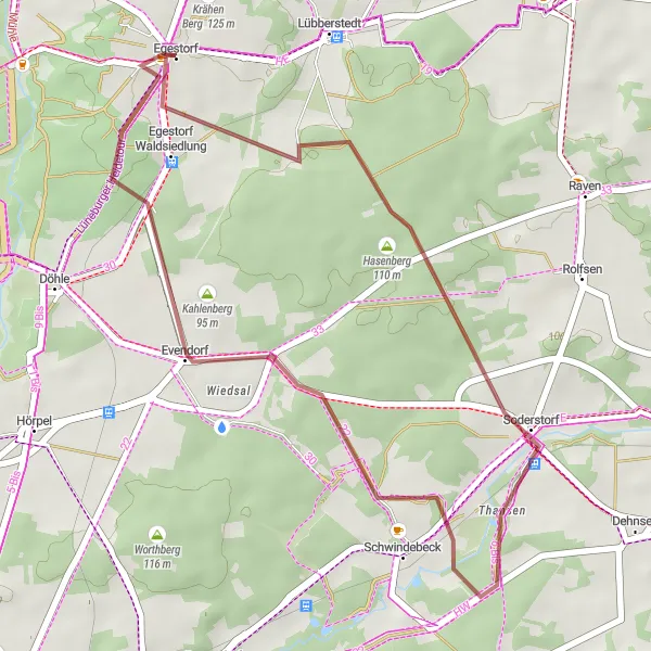 Map miniature of "Egestorf Gravel Adventure" cycling inspiration in Lüneburg, Germany. Generated by Tarmacs.app cycling route planner