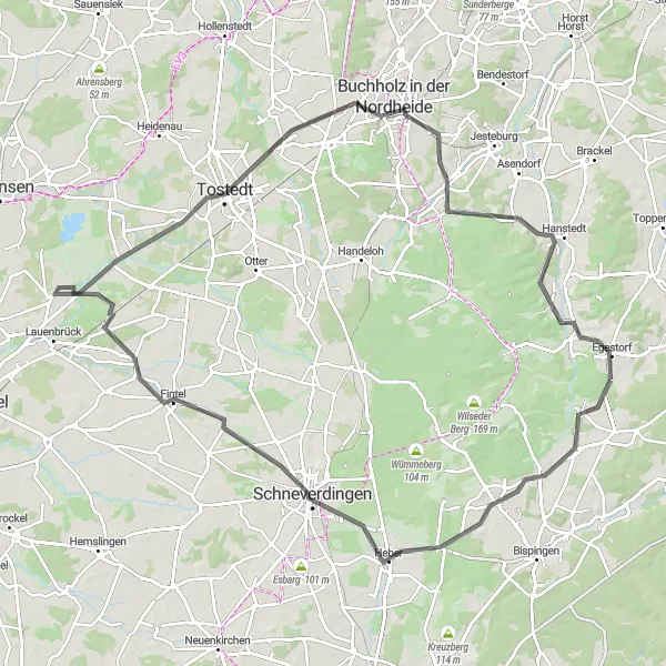 Karten-Miniaturansicht der Radinspiration "Road-Tour durch die Nordheide" in Lüneburg, Germany. Erstellt vom Tarmacs.app-Routenplaner für Radtouren