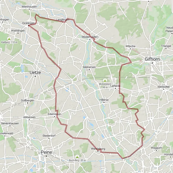 Map miniature of "Along the Aller Gravel Loop" cycling inspiration in Lüneburg, Germany. Generated by Tarmacs.app cycling route planner