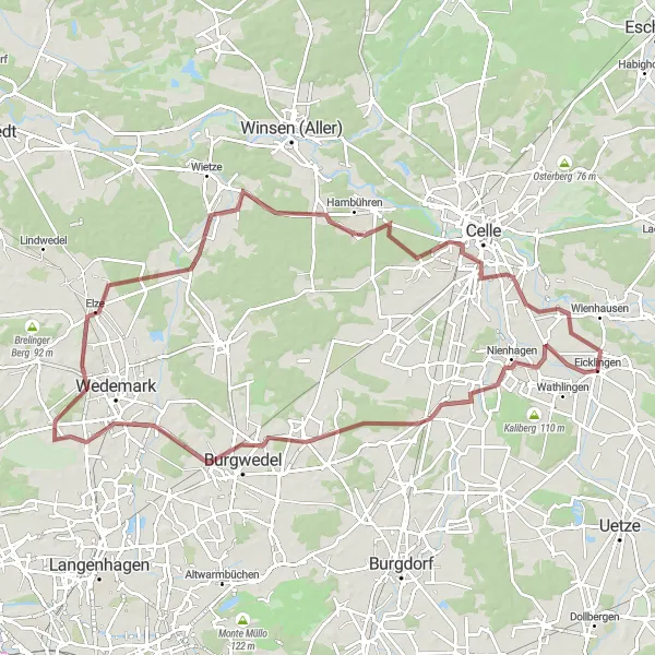 Map miniature of "Explore Lüneburg Heath Gravel" cycling inspiration in Lüneburg, Germany. Generated by Tarmacs.app cycling route planner