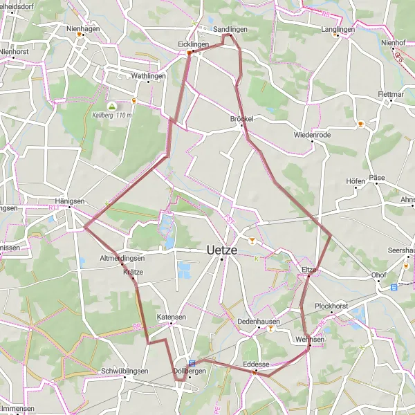 Map miniature of "Gravel Ride through Bröckel and Eltze" cycling inspiration in Lüneburg, Germany. Generated by Tarmacs.app cycling route planner