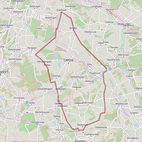 Map miniature of "Gravel Adventure through Bröckel and Altmerdingsen" cycling inspiration in Lüneburg, Germany. Generated by Tarmacs.app cycling route planner