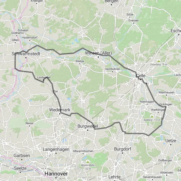 Karten-Miniaturansicht der Radinspiration "Roadtour durch Hänigsen und Celle" in Lüneburg, Germany. Erstellt vom Tarmacs.app-Routenplaner für Radtouren