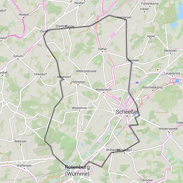 Karten-Miniaturansicht der Radinspiration "Rundtour von Elsdorf über Helvesiek nach Rotenburg (Wümme) und Abbendorf" in Lüneburg, Germany. Erstellt vom Tarmacs.app-Routenplaner für Radtouren