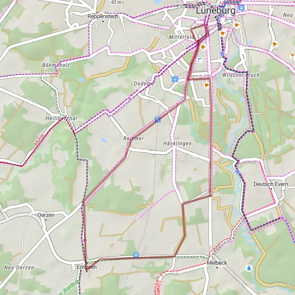 Map miniature of "Embsen Gravel Adventure" cycling inspiration in Lüneburg, Germany. Generated by Tarmacs.app cycling route planner