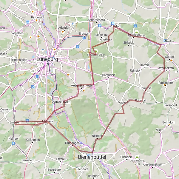 Map miniature of "The Gravel Ride through Deutsch Evern and Melbeck" cycling inspiration in Lüneburg, Germany. Generated by Tarmacs.app cycling route planner