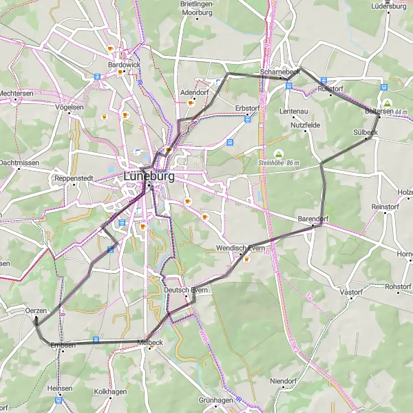 Karten-Miniaturansicht der Radinspiration "Rund um Lüneburg und Scharnebeck" in Lüneburg, Germany. Erstellt vom Tarmacs.app-Routenplaner für Radtouren