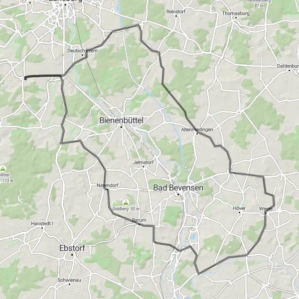 Map miniature of "The Scenic Road Ride to Embsen" cycling inspiration in Lüneburg, Germany. Generated by Tarmacs.app cycling route planner