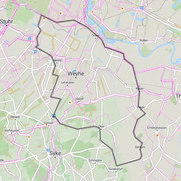 Karten-Miniaturansicht der Radinspiration "Kurzstrecke durch Okel und Brinkum" in Lüneburg, Germany. Erstellt vom Tarmacs.app-Routenplaner für Radtouren