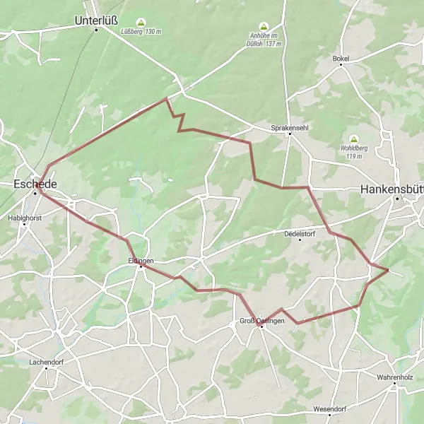 Map miniature of "Historic Villages" cycling inspiration in Lüneburg, Germany. Generated by Tarmacs.app cycling route planner
