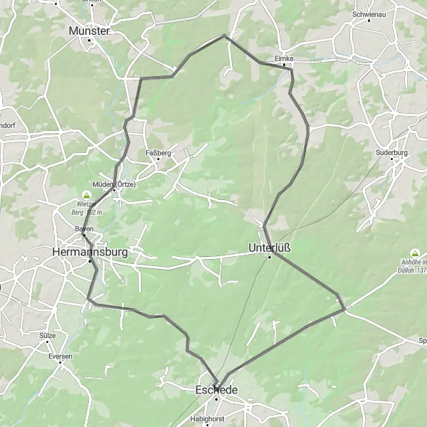 Map miniature of "Eschede - Oldendorf Loop" cycling inspiration in Lüneburg, Germany. Generated by Tarmacs.app cycling route planner