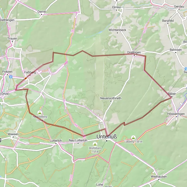 Karten-Miniaturansicht der Radinspiration "Faßberg Flyer Gravel Tour" in Lüneburg, Germany. Erstellt vom Tarmacs.app-Routenplaner für Radtouren