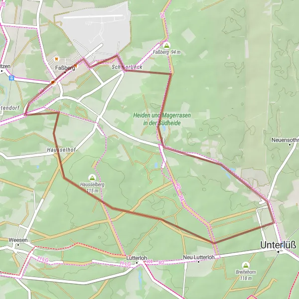 Map miniature of "The Serene Gravel Route" cycling inspiration in Lüneburg, Germany. Generated by Tarmacs.app cycling route planner