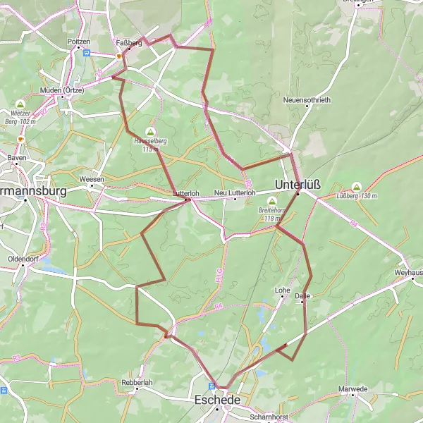 Map miniature of "Gravel Escapade through Lüneburg Heath" cycling inspiration in Lüneburg, Germany. Generated by Tarmacs.app cycling route planner