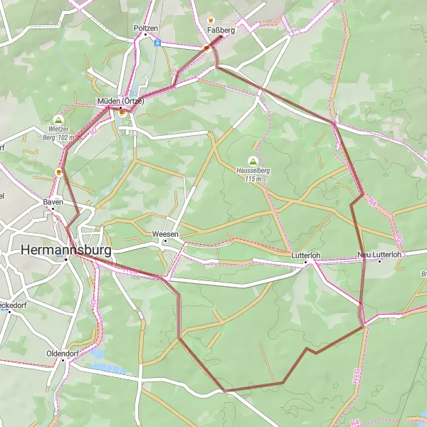 Karten-Miniaturansicht der Radinspiration "Graveltour durch die Natur rund um Faßberg" in Lüneburg, Germany. Erstellt vom Tarmacs.app-Routenplaner für Radtouren