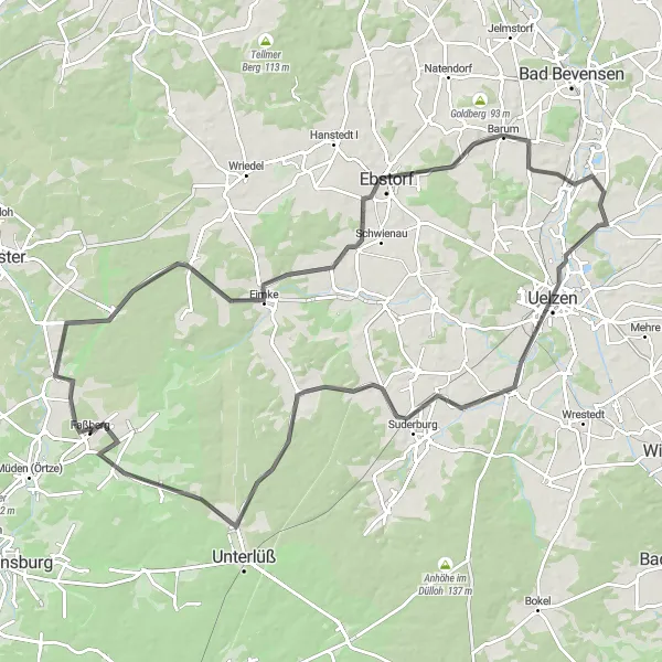 Map miniature of "The Uelzen Discovery" cycling inspiration in Lüneburg, Germany. Generated by Tarmacs.app cycling route planner