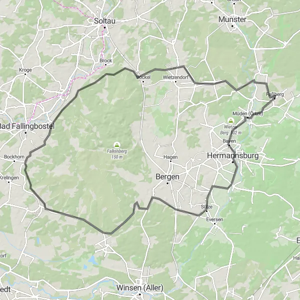 Map miniature of "Road Loop of Faßberg" cycling inspiration in Lüneburg, Germany. Generated by Tarmacs.app cycling route planner