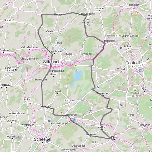 Map miniature of "Lauenbrück Loop" cycling inspiration in Lüneburg, Germany. Generated by Tarmacs.app cycling route planner