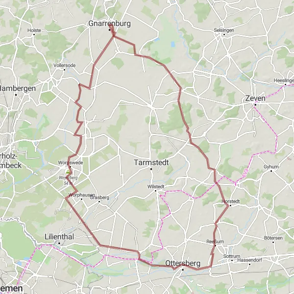 Map miniature of "Gnarrenburg Rhade Kirchtimke Ottersberg Weyerberg Worpswede Hüttenbusch Ostersode Round-Trip" cycling inspiration in Lüneburg, Germany. Generated by Tarmacs.app cycling route planner