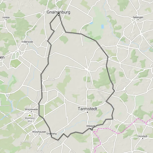 Map miniature of "Gnarrenburg Karlshöfen Grasberg Hüttenbusch Findorf Round-Trip" cycling inspiration in Lüneburg, Germany. Generated by Tarmacs.app cycling route planner