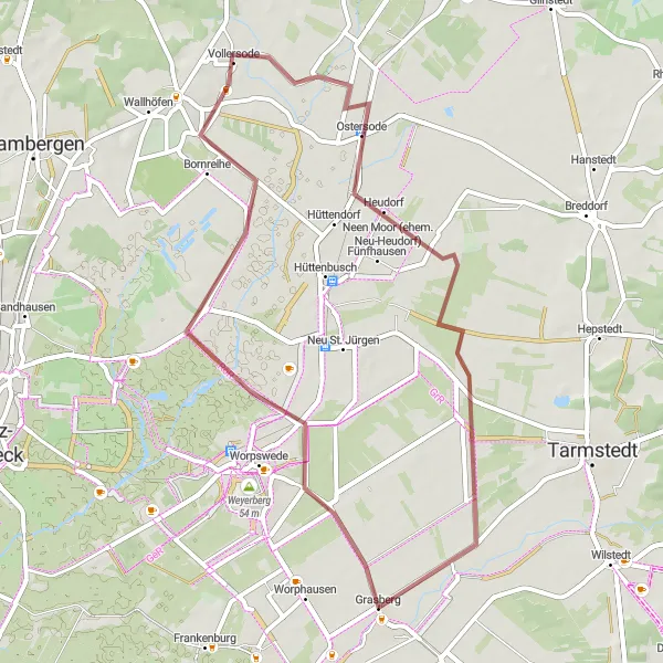 Map miniature of "Grasberg - Vollersode Gravel Ride" cycling inspiration in Lüneburg, Germany. Generated by Tarmacs.app cycling route planner