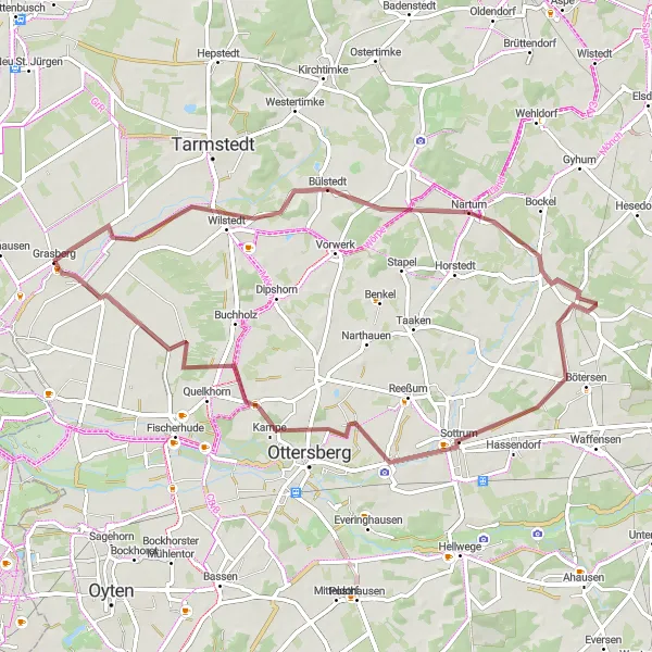 Map miniature of "Sottrum to Ottersberg Gravel Cycling Route" cycling inspiration in Lüneburg, Germany. Generated by Tarmacs.app cycling route planner