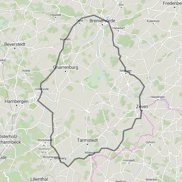 Map miniature of "Grasberg - Zeven Loop" cycling inspiration in Lüneburg, Germany. Generated by Tarmacs.app cycling route planner