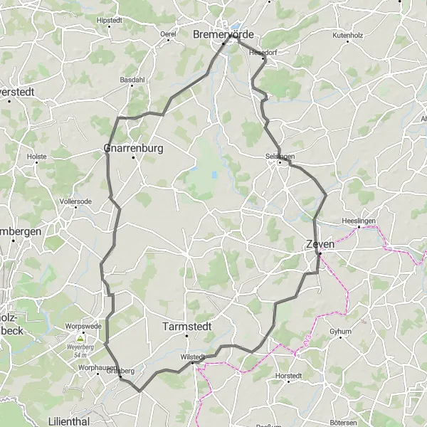 Map miniature of "Grasberg to Huxfeld Road Cycling Route" cycling inspiration in Lüneburg, Germany. Generated by Tarmacs.app cycling route planner