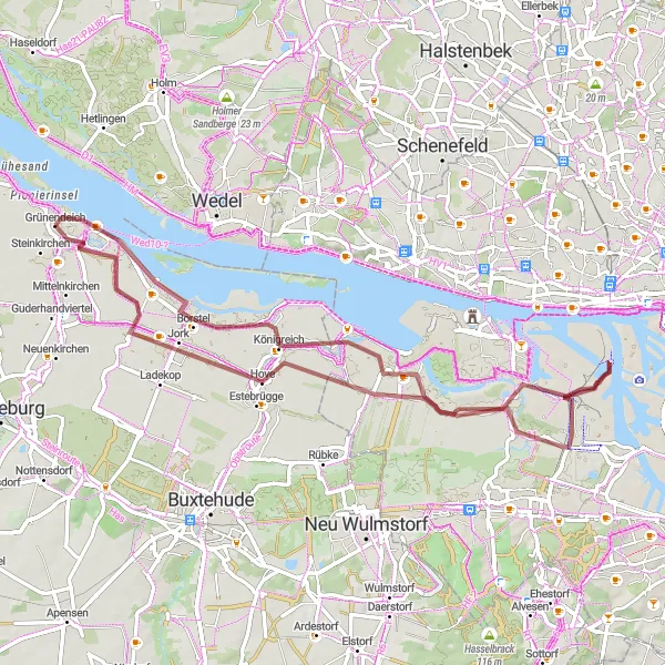 Map miniature of "The Gravel Adventure: Grünendeich and Beyond" cycling inspiration in Lüneburg, Germany. Generated by Tarmacs.app cycling route planner