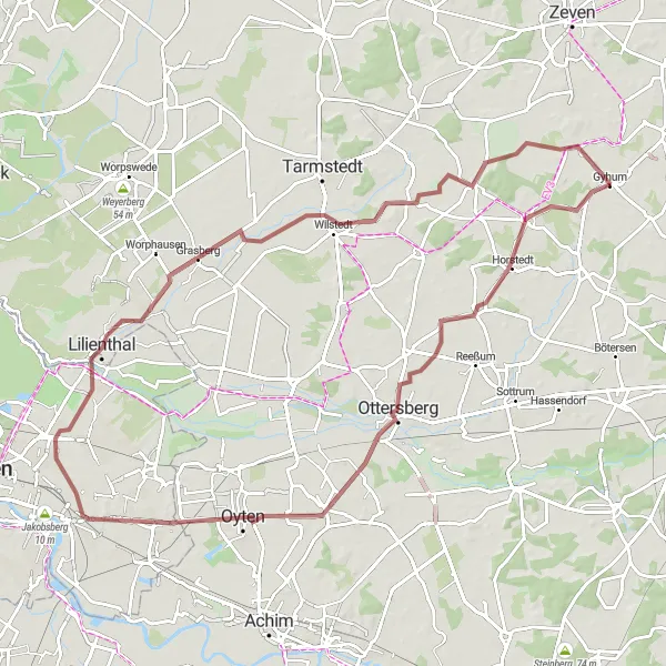 Map miniature of "Gravel Adventure near Gyhum" cycling inspiration in Lüneburg, Germany. Generated by Tarmacs.app cycling route planner