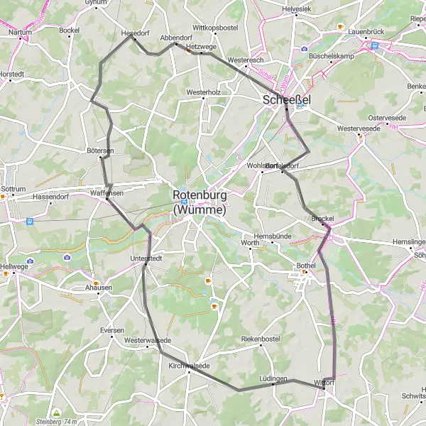 Karten-Miniaturansicht der Radinspiration "Straßentour Scheeßel Waffensen" in Lüneburg, Germany. Erstellt vom Tarmacs.app-Routenplaner für Radtouren