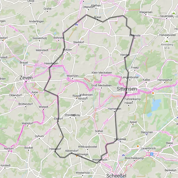 Karten-Miniaturansicht der Radinspiration "Straßentour Heeslingen Abbendorf" in Lüneburg, Germany. Erstellt vom Tarmacs.app-Routenplaner für Radtouren