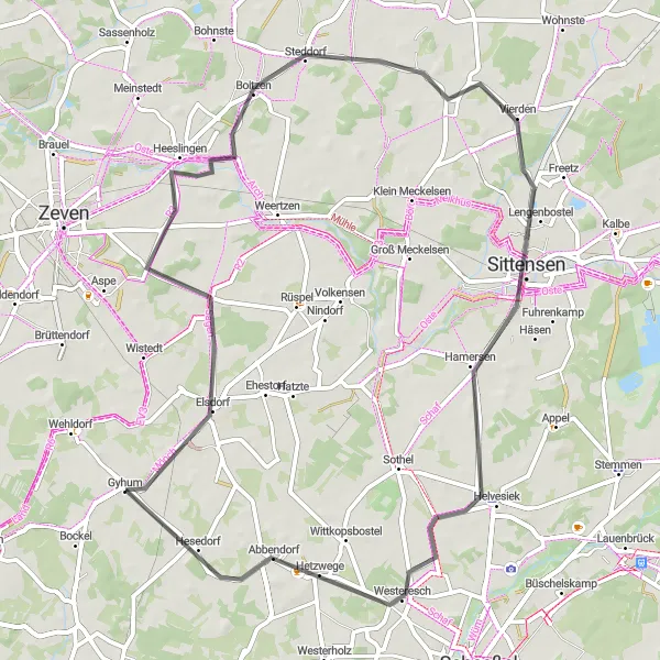 Karten-Miniaturansicht der Radinspiration "Straßentour Heeslingen Hesedorf" in Lüneburg, Germany. Erstellt vom Tarmacs.app-Routenplaner für Radtouren