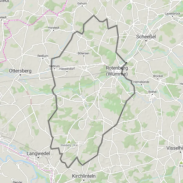 Map miniature of "Scenic Loop via Hesedorf" cycling inspiration in Lüneburg, Germany. Generated by Tarmacs.app cycling route planner