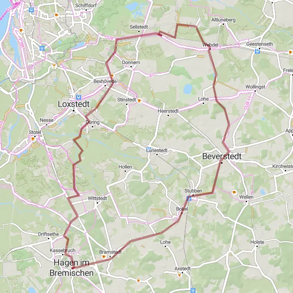 Map miniature of "Bexhövede and Wehdel Gravel Exploration" cycling inspiration in Lüneburg, Germany. Generated by Tarmacs.app cycling route planner