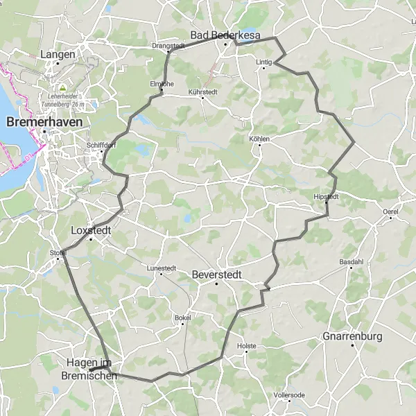 Map miniature of "Tour of Hagen im Bremischen and Coastal Towns" cycling inspiration in Lüneburg, Germany. Generated by Tarmacs.app cycling route planner