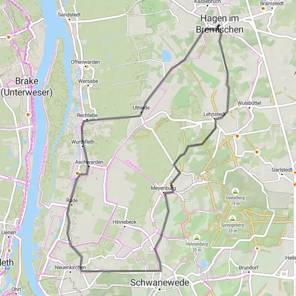 Map miniature of "Hagen im Bremischen - Schwanewede - Uthlede - Burg zu Hagen" cycling inspiration in Lüneburg, Germany. Generated by Tarmacs.app cycling route planner