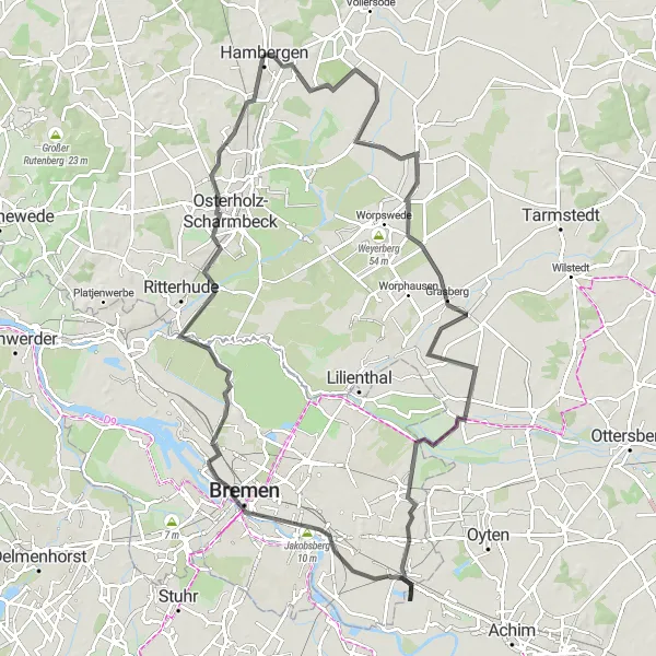 Karten-Miniaturansicht der Radinspiration "Rundtour von Hambergen nach Osterholz-Scharmbeck" in Lüneburg, Germany. Erstellt vom Tarmacs.app-Routenplaner für Radtouren