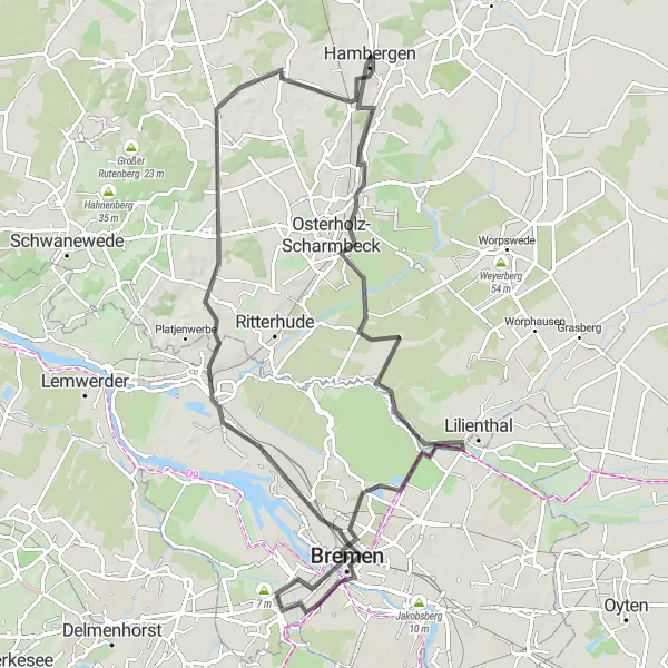 Map miniature of "Hambergen - Bremen - Hambergen" cycling inspiration in Lüneburg, Germany. Generated by Tarmacs.app cycling route planner