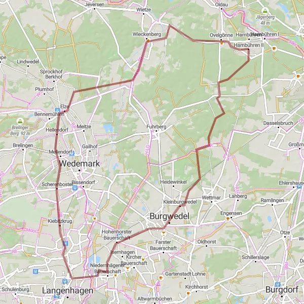 Map miniature of "Gravel Adventure to Ovelgönne" cycling inspiration in Lüneburg, Germany. Generated by Tarmacs.app cycling route planner
