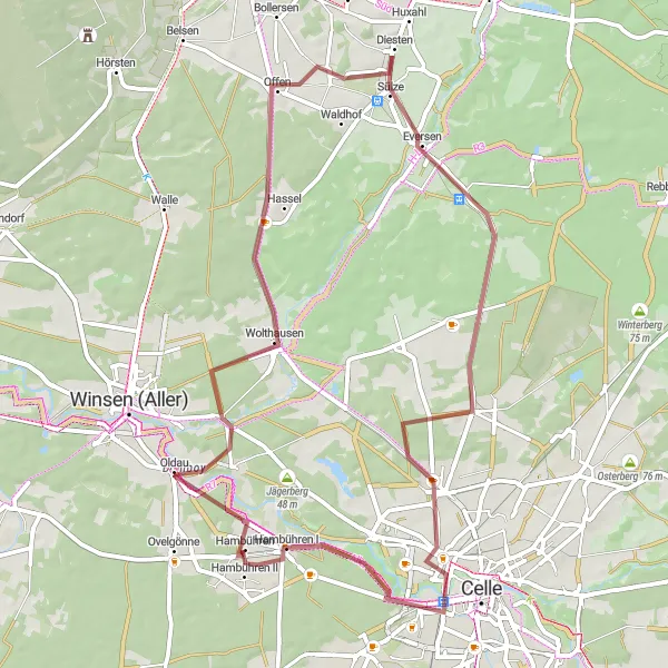 Map miniature of "The Sülze Loop" cycling inspiration in Lüneburg, Germany. Generated by Tarmacs.app cycling route planner