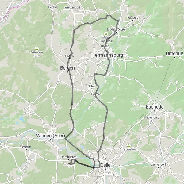 Karten-Miniaturansicht der Radinspiration "Rundfahrt von Hambühren nach Eversen" in Lüneburg, Germany. Erstellt vom Tarmacs.app-Routenplaner für Radtouren