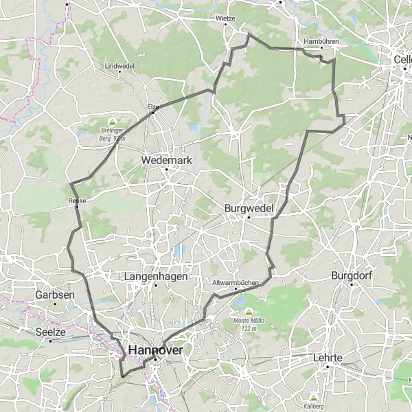 Map miniature of "The Hanover Adventure" cycling inspiration in Lüneburg, Germany. Generated by Tarmacs.app cycling route planner