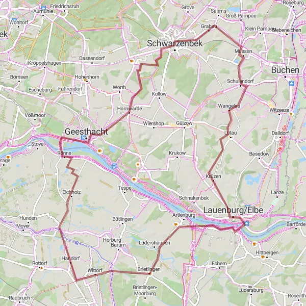 Karten-Miniaturansicht der Radinspiration "Graveltour durch die Elbmarsch" in Lüneburg, Germany. Erstellt vom Tarmacs.app-Routenplaner für Radtouren
