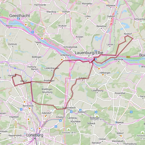 Map miniature of "Scharnebeck Ride" cycling inspiration in Lüneburg, Germany. Generated by Tarmacs.app cycling route planner