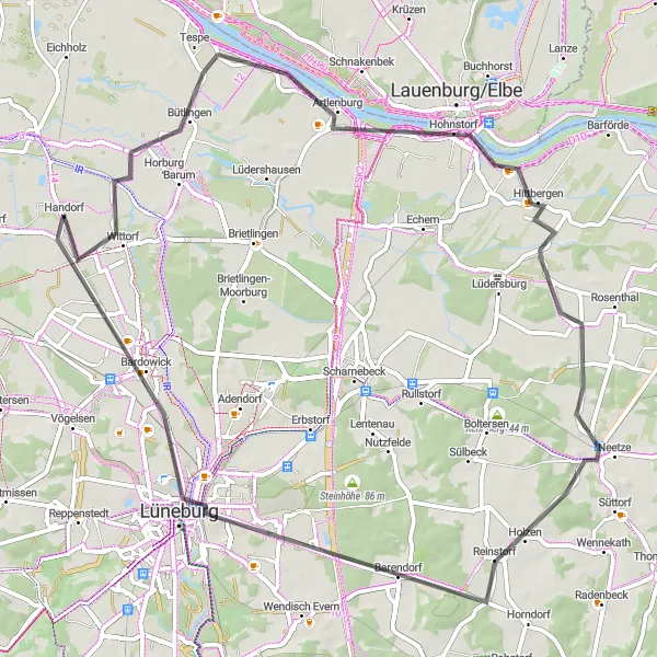 Karten-Miniaturansicht der Radinspiration "Auf den Spuren von Lüneburgs Umgebung" in Lüneburg, Germany. Erstellt vom Tarmacs.app-Routenplaner für Radtouren