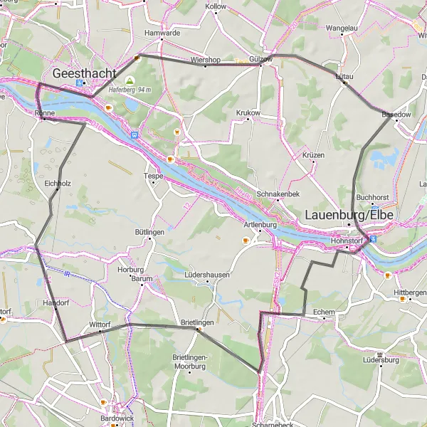 Karten-Miniaturansicht der Radinspiration "Entspannte Roadtour durch die Elbmarsch" in Lüneburg, Germany. Erstellt vom Tarmacs.app-Routenplaner für Radtouren