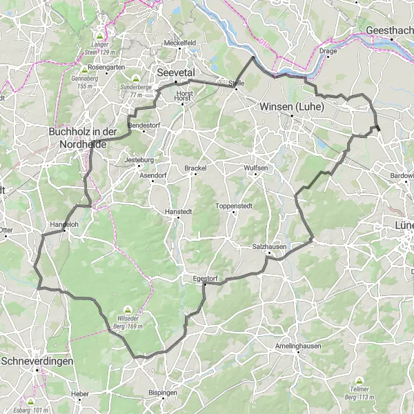 Map miniature of "The Berg und Hügel Loop" cycling inspiration in Lüneburg, Germany. Generated by Tarmacs.app cycling route planner