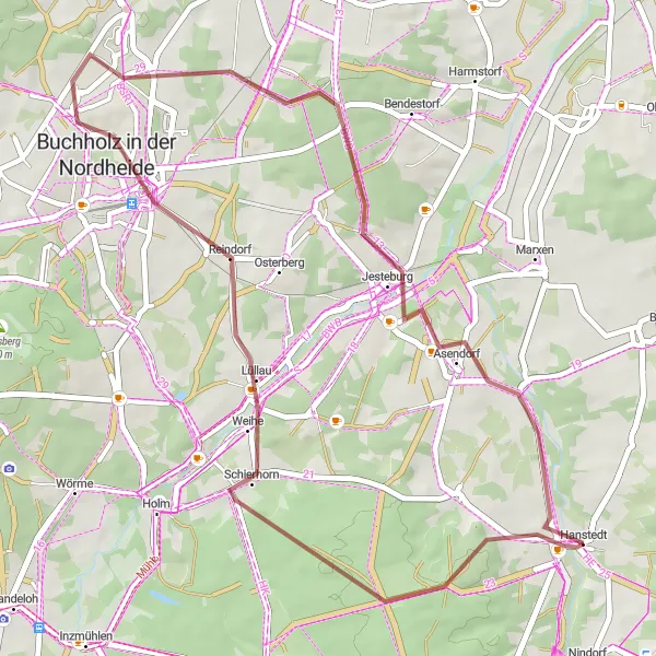 Map miniature of "Countryside Gravel Route near Hanstedt" cycling inspiration in Lüneburg, Germany. Generated by Tarmacs.app cycling route planner